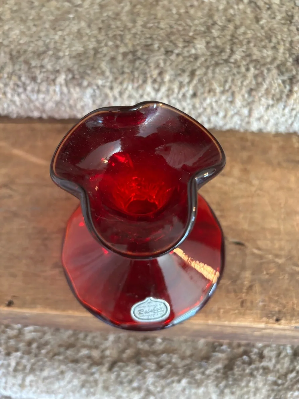Rainbow Deep Ruby Red Glass Vase with Amber Twist